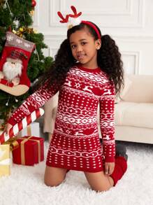 SHEIN 女大童1入組幾何聖誕圖案毛衣洋裝適用於聖誕
