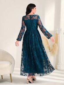 Modelyn Embroidery Embroidery Mesh Overlay Dress Without Belt and Cape - Teal Blue - View 2