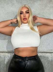 SHEIN SXY Plus High Neck Crop Tank Knit Top - White - View 5