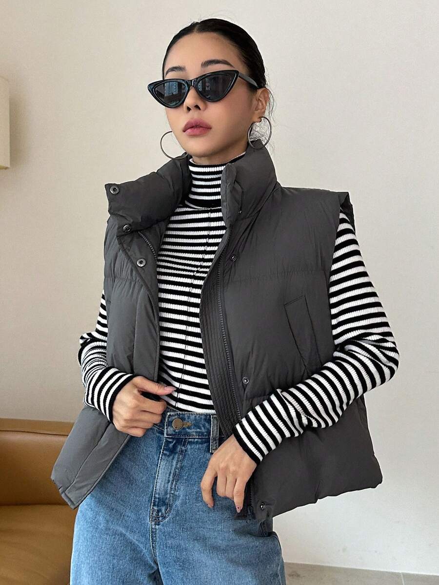 DAZY Zip Up Puffer Vest Pockets Coat - Grey - View 1