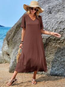 SHEIN LUNE Solid Split Thigh Tee Dress - Brown - View 4