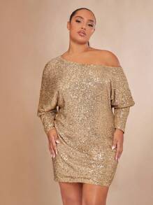 SHEIN BAE Christmas Plus Asymmetrical Neck Batwing Sleeve Sequin Dress