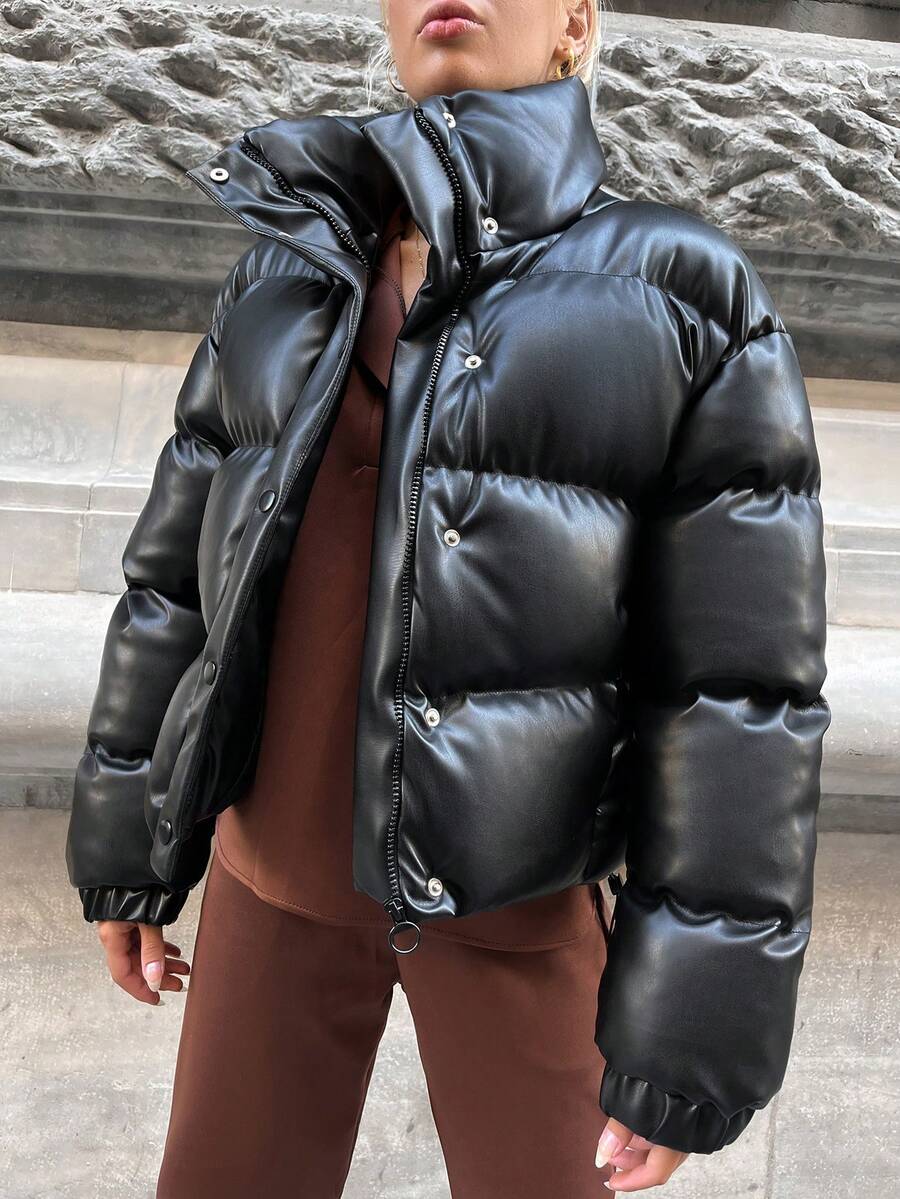 SHEIN PETITE Zip Up Leather Look Puffer Coat - Black - View 1