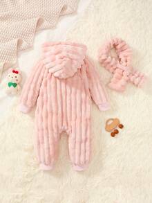 Bebé niña con bordado de dibujos animados con capucha de peluche Mono & Bolso - Rosa - Ver 2