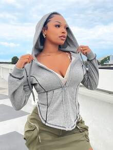 SHEIN SXY Top-stitching Zip Up Curved Hem Drawstring Hoodie - Grey - View 6