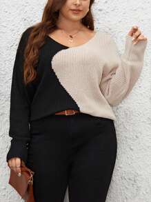 SHEIN LUNE Plus Two Tone Drop Shoulder Sweater - Khaki - View 1