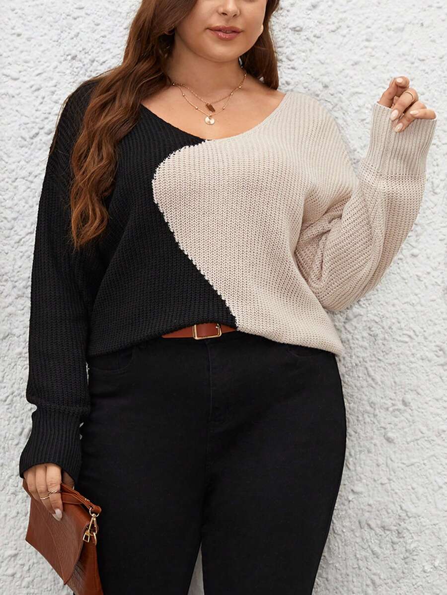 SHEIN LUNE Plus Two Tone Drop Shoulder Sweater - Khaki - View 1