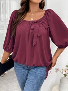 Calvaya 大碼前打結燈籠袖襯衫 - 酒紅色 - 查看 3