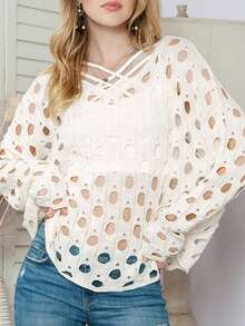 Hollow Out Batwing Sleeve Top Without Cami Top - Beige - View 6