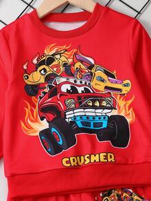Young Boy Car & Letter Graphic Sweatshirt & Sweatpants - Red - View 4
