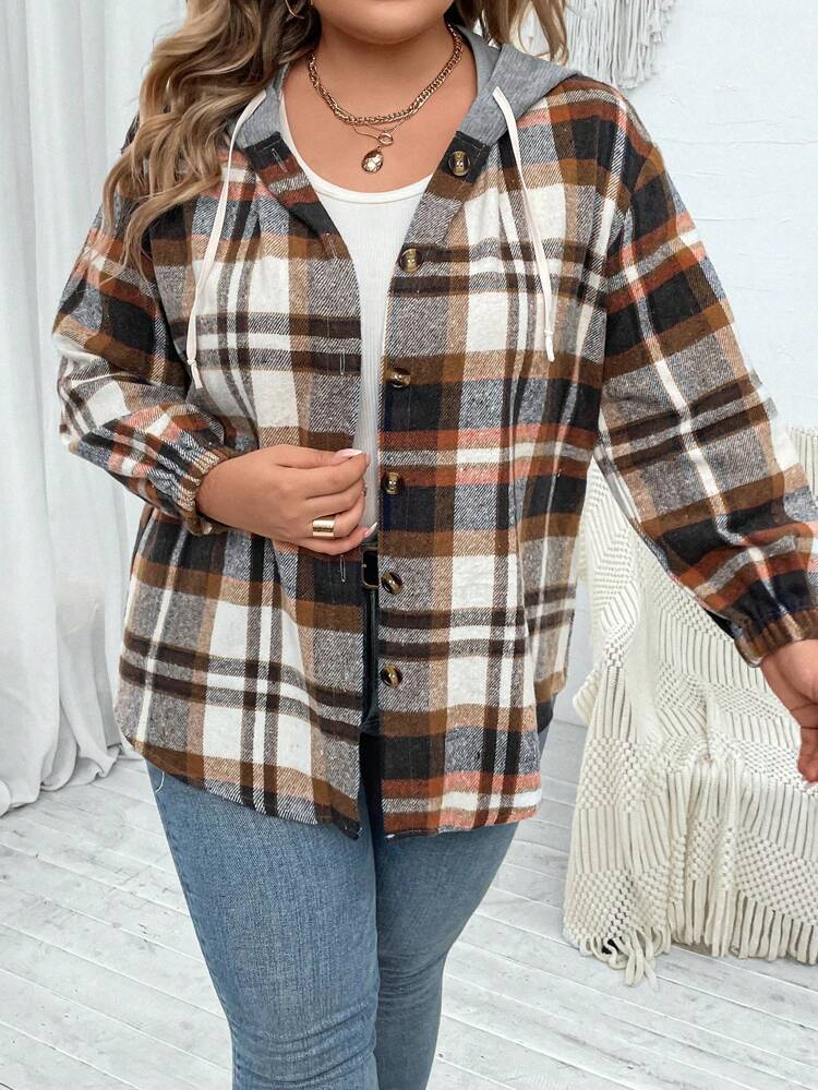 Plus Plaid Print Drop Shoulder Drawstring Hooded Jacket Fall Winter Cloth For Women Autumn