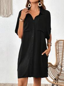 SHEIN VCAY 蝙蝠袖口袋貼布襯衫洋裝