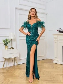 Cold Shoulder Fuzzy Trim Split Thigh Sequin Formal Dress - Green - View 5