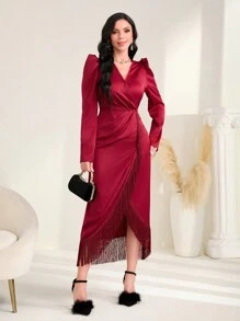 Modelyn Burgundy Red Fringe Trim Wrap Hem Satin Dress - Burgundy - View 3