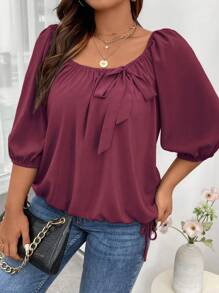 Calvaya 大碼前打結燈籠袖襯衫 - 酒紅色 - 查看 4