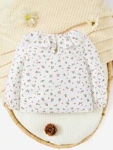 SHEIN Đứa bé gái In hoa Ditsy Viền Ruffle Áo - Màu be - Xem 2