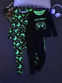 SHEIN Set de 4 piezas de ropa de estar para niño con top de manga larga cuello redondo y pantalones, conjunto informal de dos piezas