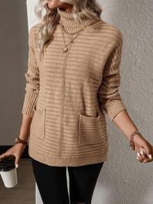 SHEIN Essnce Turtleneck Dual Pocket Drop Shoulder Sweater - Khaki - View 5