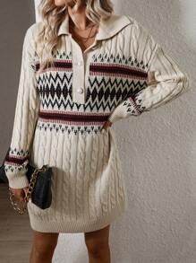 Breezaya Women's Retro Style Minimalist Casual Knit Sweater Dress - Apricot - View 3