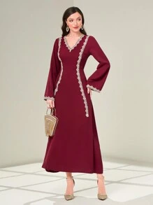 Modelyn Burgundy Red Contrast Trimmed V Neck Dress - Burgundy - View 7