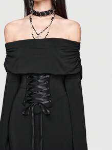 ROMWE Goth 一字肩喇叭袖高衩腰部綁帶洋裝 - 黑色 - 查看 2