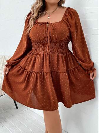 SHEIN CURVE+ 大碼圓點前打結荷葉袖荷葉邊洋裝