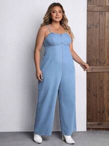SHEIN ICON Plus Wide Leg Denim Cami Jumpsuit - Blue - View 3
