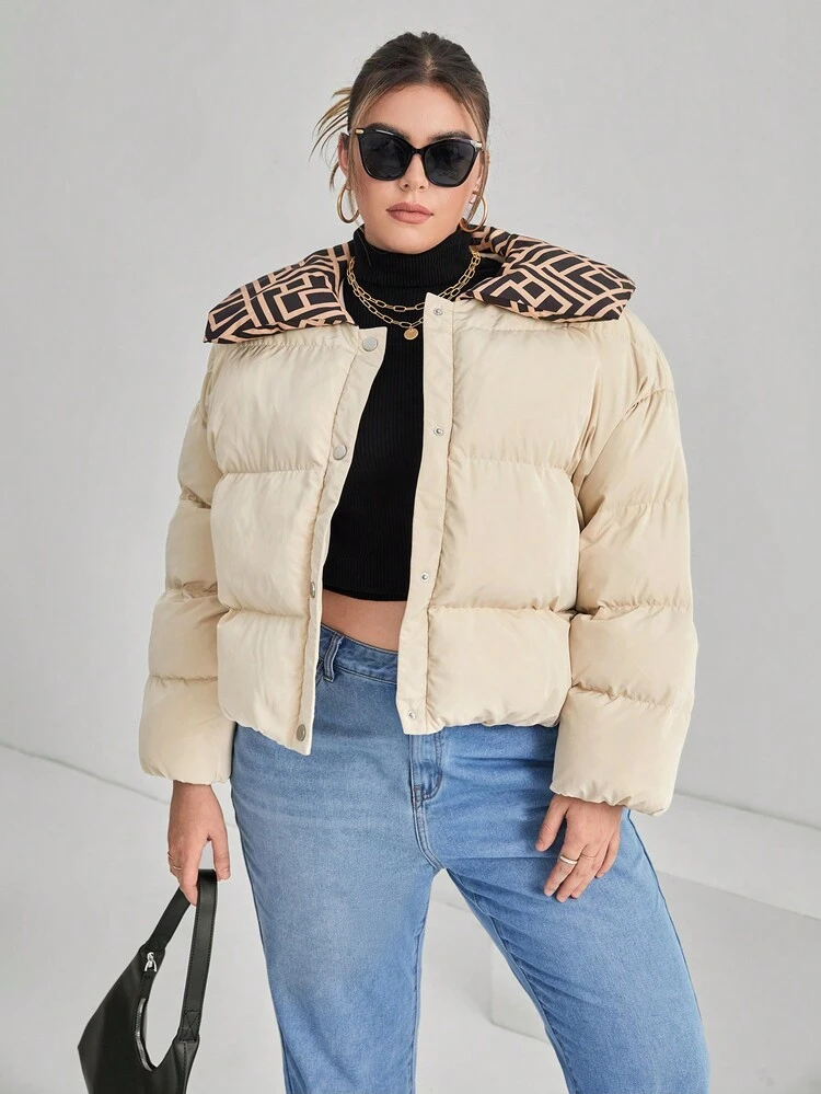 Plus Geo Print Collar Padded Coat