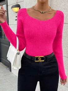 Chiquease Jersey de cuello scoop de manga raglán tejido de canalé - Rosa Fucsia - Ver 5