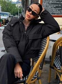 DAZY Abrigo con bolsillos con solapa y hombros caídos, abrigo de invierno para mujer - Negro - Ver 8