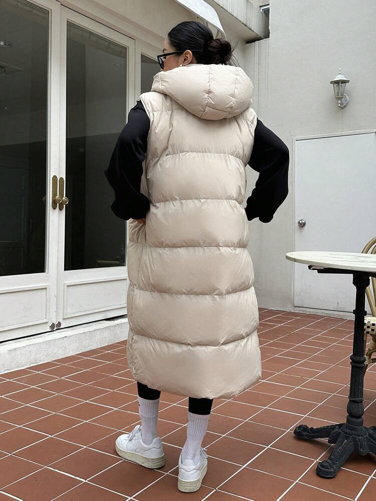Solid Button Front Vest Padded Pockets Coat, Women Winter Coat
