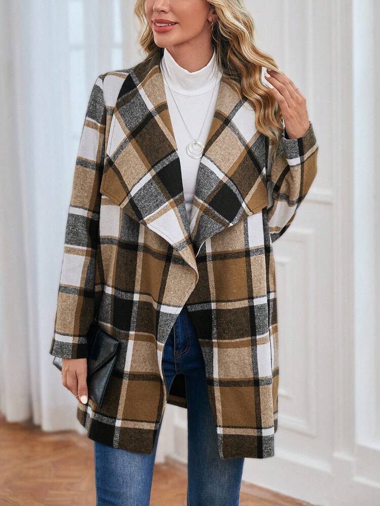 Plaid Waterfall Collar Overcoat