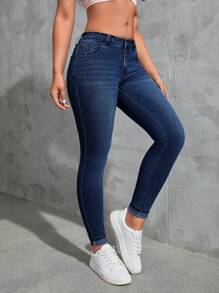 SHEIN Qutie Slant Pocket Skinny Jeans - Medium Wash - View 4