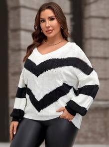SHEIN Clasi Plus Chevron Pattern Drop Shoulder Sweater - Black and White - View 5