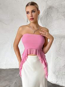 SHEIN Privé 不對稱下擺抹胸上衣 - 粉色 - 查看 6