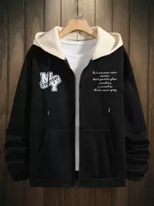 Manfinity Hypemode 男士標語圖案拉鏈開襟抽繩運動衫 - 黑色 - 查看 1