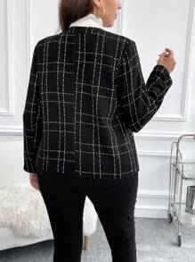 SHEIN Clasi Hơn Hoa văn kẻ sọc Nút phía trước Áo khoác - màu đen - Xem 2