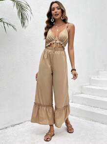 SHEIN VCAY 鏤空前繫帶荷葉邊吊帶連體褲 - 卡其色 - 查看 4