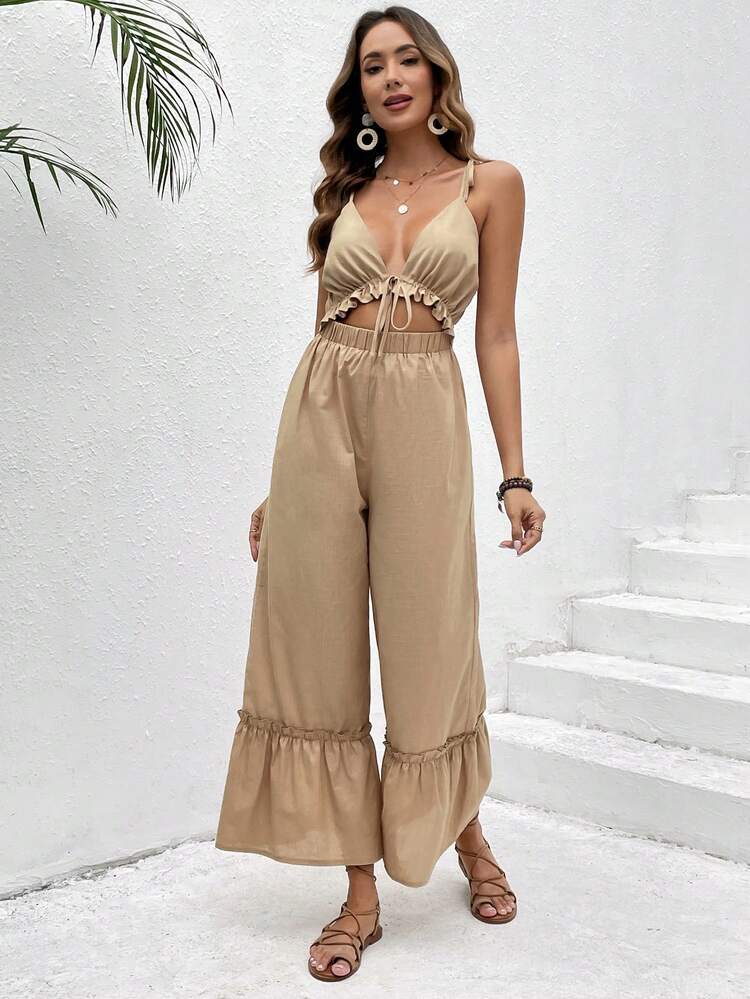 SHEIN VCAY 鏤空前繫帶荷葉邊吊帶連體褲 - 卡其色 - 查看 4