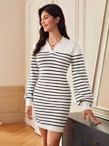 SHEIN Frenchy Striped Pattern Lantern Sleeve Sweater Dress Winter White Casual - White - View 6