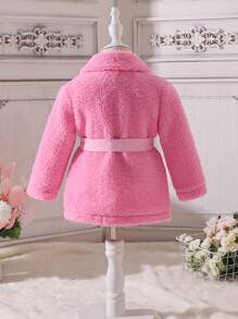 Baby Girl Solid Belted Teddy Coat - Pink - View 2