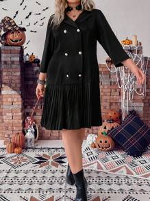 SHEIN Clasi Talla grande Vestido de doble botonadura bajo fruncido - Azul - Ver 3