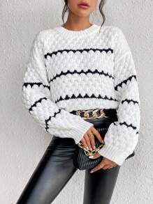 Chiquease Striped Pattern Drop Shoulder Sweater,Long Sleeve Tops Knit Pullover Fall Winter Outfit - Black and White - View 4