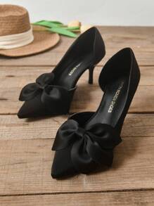 優雅花裝飾高跟法庭鞋,適用於晚會和街頭穿搭,時尚黑色高跟無跟鞋 - 黑色 - 查看 2