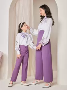 Modelyn Floral Printed Lantern Sleeve Shirt & High-Waisted Wide-Leg Pants 2 Pieces Set - Multicolor - View 5