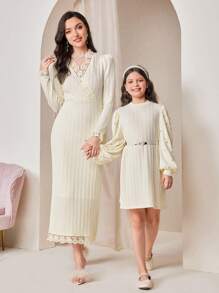 Modelyn Solid Lace Trim Belted Bodycon Dress Without Belt Long Evening Dresses - White - View 7