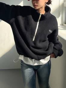 DAZY Letter Patched Detail Drop Shoulder Drawstring Hem Teddy Sweatshirt,Long Sleeve Tops,Fall Women Clothes