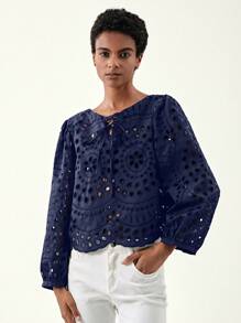 GENKIRA Áo cánh khoét lỗ thêu buộc cổ - Màu xanh hải quân - Xem 3