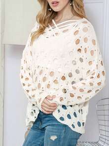 Hollow Out Batwing Sleeve Top Without Cami Top - Beige - View 7