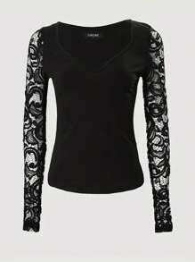 ChicMe Women Hollow Lace Long Sleeve Sweetheart Neck Shirt With Thumb Holes Slim Fit Sexy Casual Elegant Dressy Blouse Top